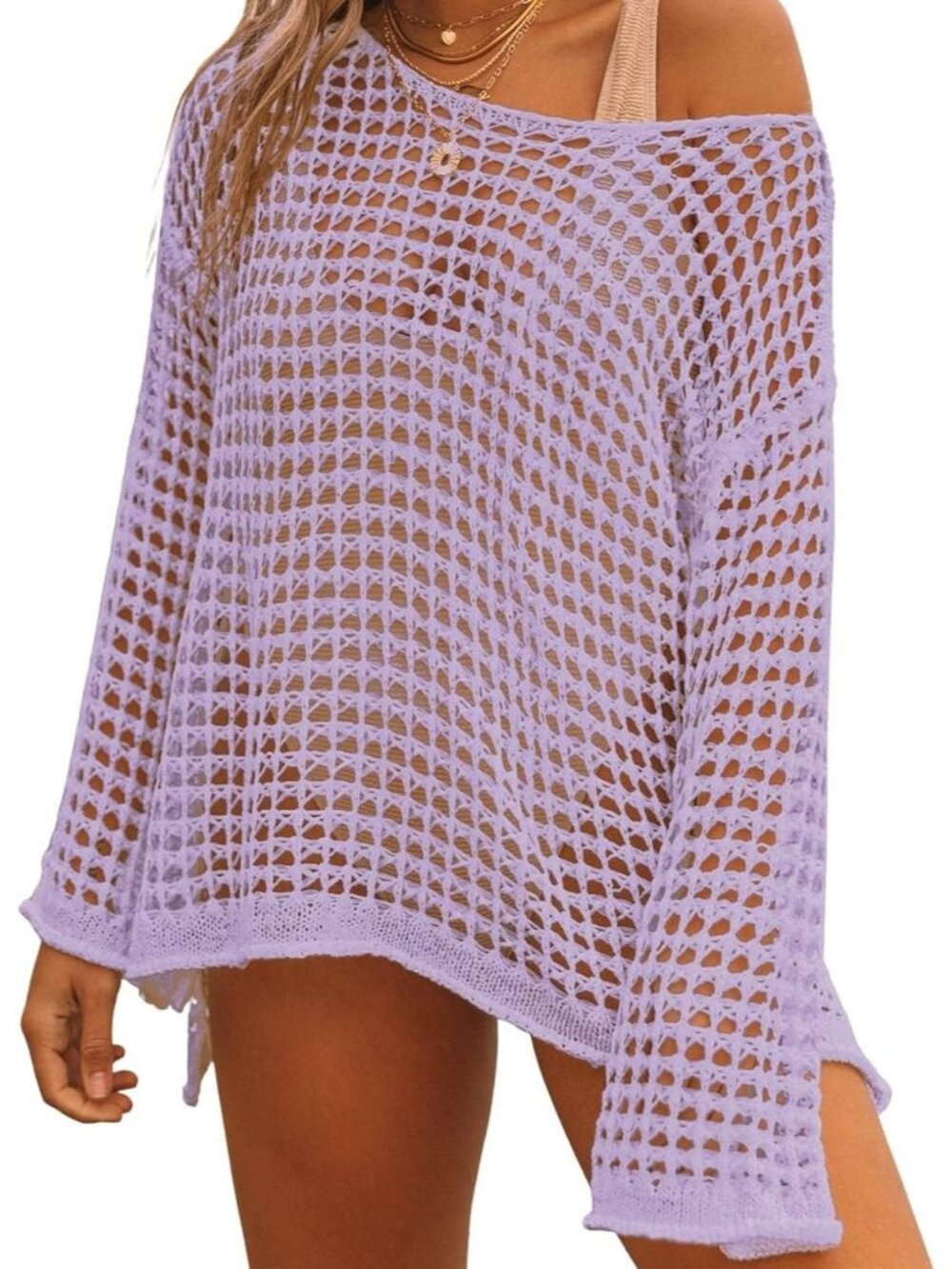 Women's Purple Hollow Out Knit Crochet Polyester Imported Swim Cover Up